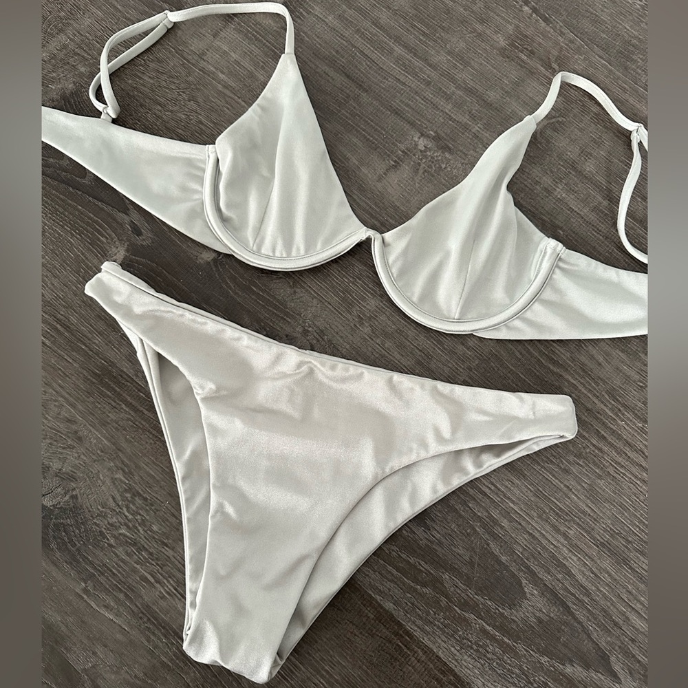 Like New TJ Swim Silver Shine Bikini Top & Bottom Bathing Suit Set